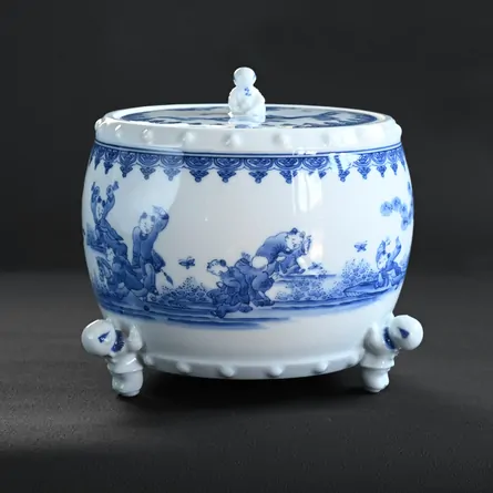 平戸焼白磁水指 染付太鼓胴唐子脚 