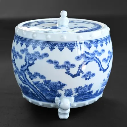 平戸焼白磁水指 染付太鼓胴唐子脚 