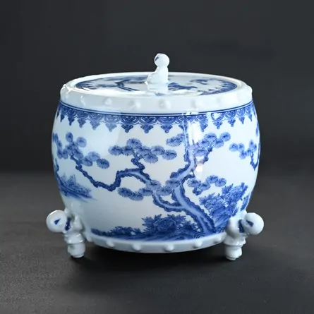 平戸焼白磁水指 染付太鼓胴唐子脚 