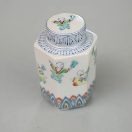 昭阿弥 六角茶入色絵唐子