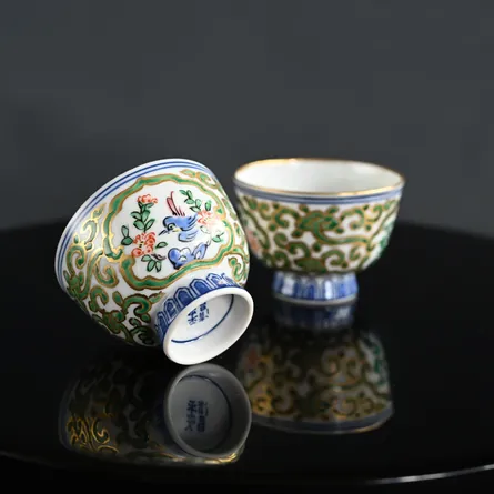 平安清昌 金彩花鳥紋煎茶碗