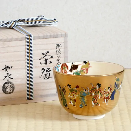 【京焼　加藤如水　琳派金地元禄舞図　金蘭茶碗　共箱】茶道具　骨董　アンティーク 京焼 加藤如水 琳派金地元禄舞図 金蘭茶碗 共箱】茶道具 骨董