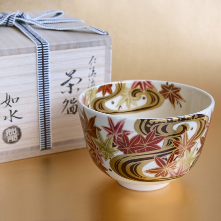 Matcha Tea Bowl (Chawan), white-brown, 13 x 8 cm