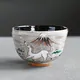 茶碗 灰釉掛分け白馬に富士山絵